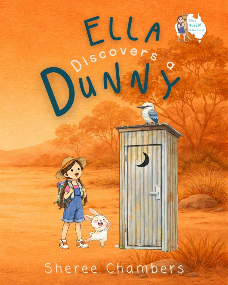 Ella Discovers a Dunny book cover with Ella, her bunny and an oldfashioned Dunny on the cover